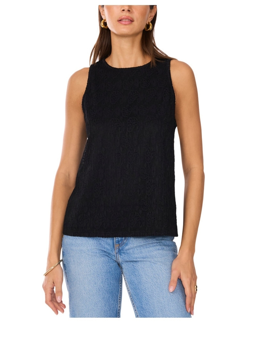Vince Camuto Rich Black Lace Keyhole Back Tank Top Sleeveless Blouse NWT